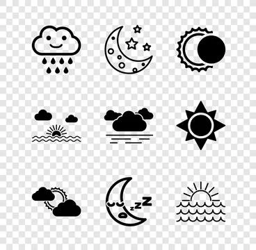 Set Cloud with rain, Moon and stars, Eclipse of the sun, Sun cloud weather,.. Stockillustratie