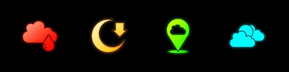 Set Cloud with rain, Moon, Location cloud and Sun and weather icon. Vector Stock Illustration