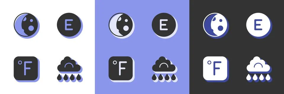 Set Cloud with rain, Moon phases, Fahrenheit and Compass west icon. Vector イラスト素材