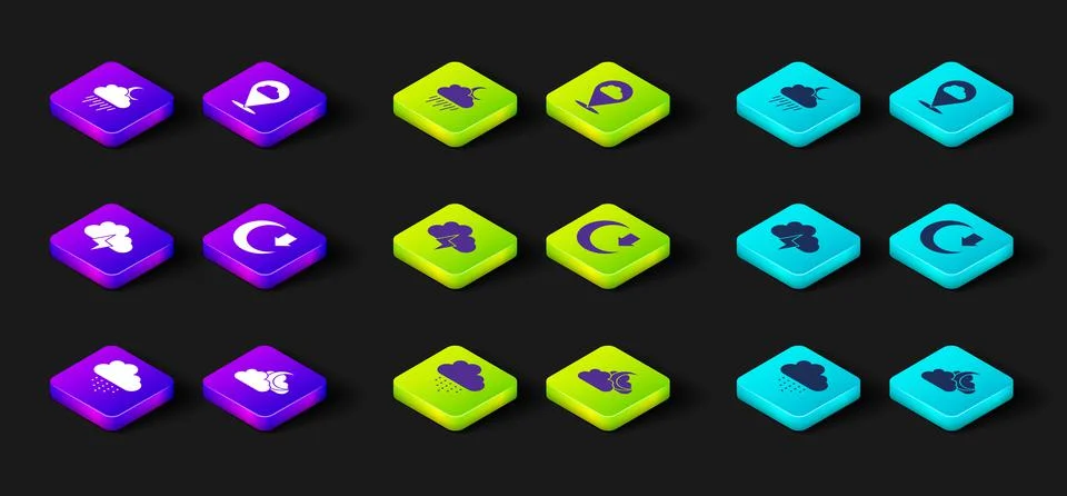 Set Cloud with rain, moon, Storm, Moon, Location cloud and and icon. Vector Stock Illustration