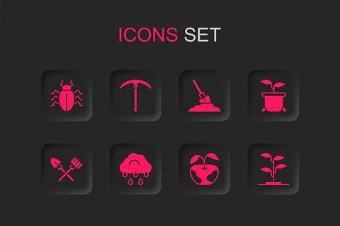 Set Cloud with rain, Pickaxe, Colorado beetle, Apple, Plant pot, Sprout, Sh.. Stock Illustration