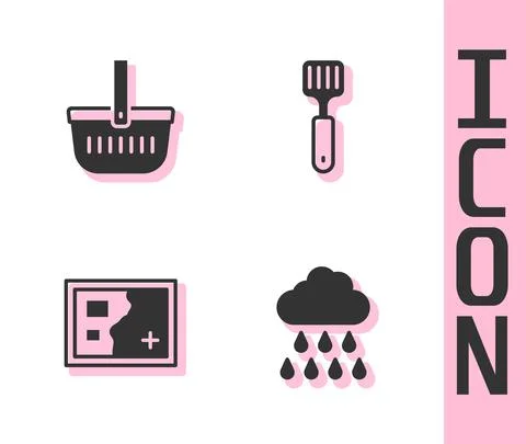 Set Cloud with rain, Picnic basket, Folded map and Spatula icon. Vector Stock Illustration