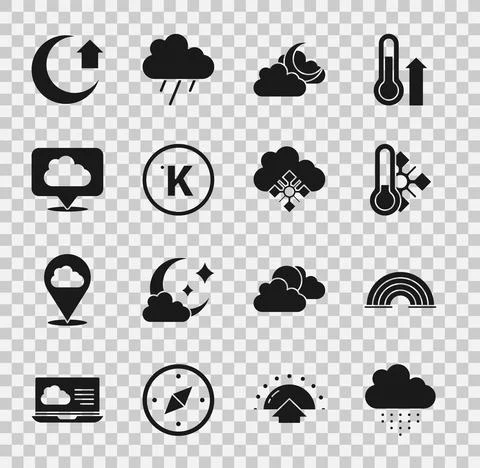 Set Cloud with rain, Rainbow, Meteorology thermometer, moon, Kelvin, Location Illustrazione stock