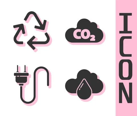 Set Cloud with rain, Recycle symbol, Electric plug and CO2 emissions in cloud 스톡 일러스트