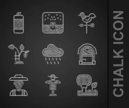 Set Cloud with rain, Scarecrow, Soil ph testing, Farm house, Farmer the hat,  Stock Illustration