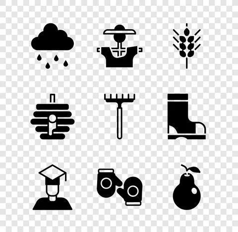 Set Cloud with rain, Scarecrow, Wheat, Graduate and graduation cap, Christmas Ilustração Stock