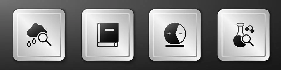 Set Cloud with rain, Science book, Atom and Test tube icon. Silver square button Stock Illustration