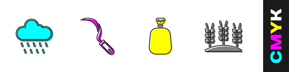 Set Cloud with rain, Sickle, Full sack and Wheat icon. Vector Stock Illustration