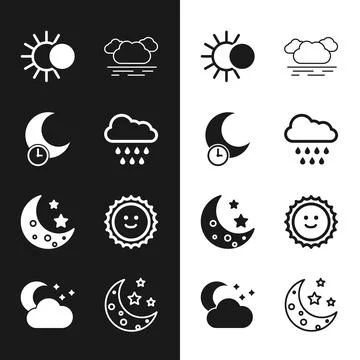 Set Cloud with rain, Sleeping moon, Eclipse of the sun, Moon and stars, Sun, and Ilustração Stock