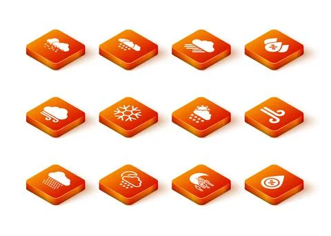 Set Cloud with rain, snow and moon, Windy weather, Snowflake, Fog and sun icon Ilustração Stock