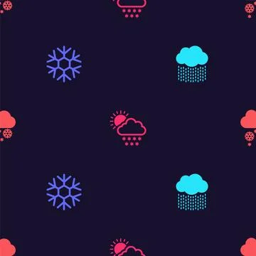 Set Cloud with rain, Snowflake, snow and sun and  on seamless pattern. Vector Illustrazione stock
