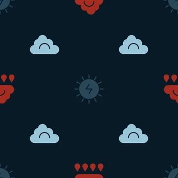 Set Cloud with rain, Solar energy panel and on seamless pattern. Vector Stock Illustration
