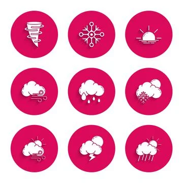 Set Cloud with rain, Storm, and sun, snow, Windy weather, Sunrise and Tornado Stock Illustration