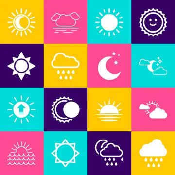 Set Cloud with rain, Sun and cloud weather, moon stars, Eclipse of sun and Mo Ilustração Stock