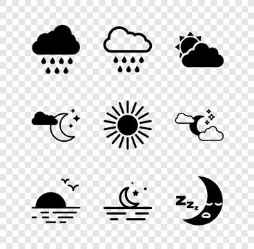 Set Cloud with rain, Sun and cloud weather, Sunset, Moon stars, icon, moon .. Stock Illustration