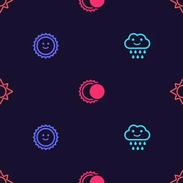 Set Cloud with rain, Sun, Eclipse of the sun and on seamless pattern. Vector Illustrazione stock