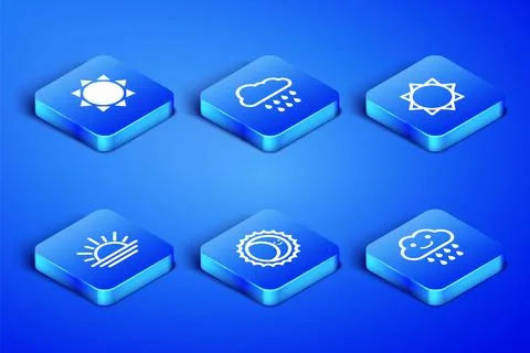 Set Cloud with rain, Sun, Eclipse of the sun, Sunset,  and  icon. Vector Stock Illustration