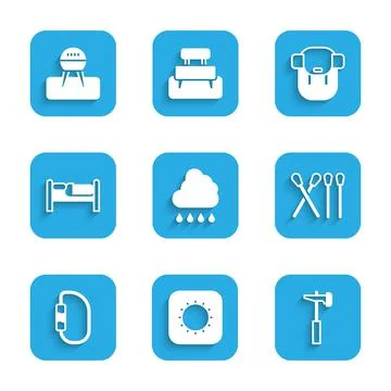 Set Cloud with rain, Sun, Hammer, Match stick, Carabiner, Bed, Hiking backpack Stock Illustration