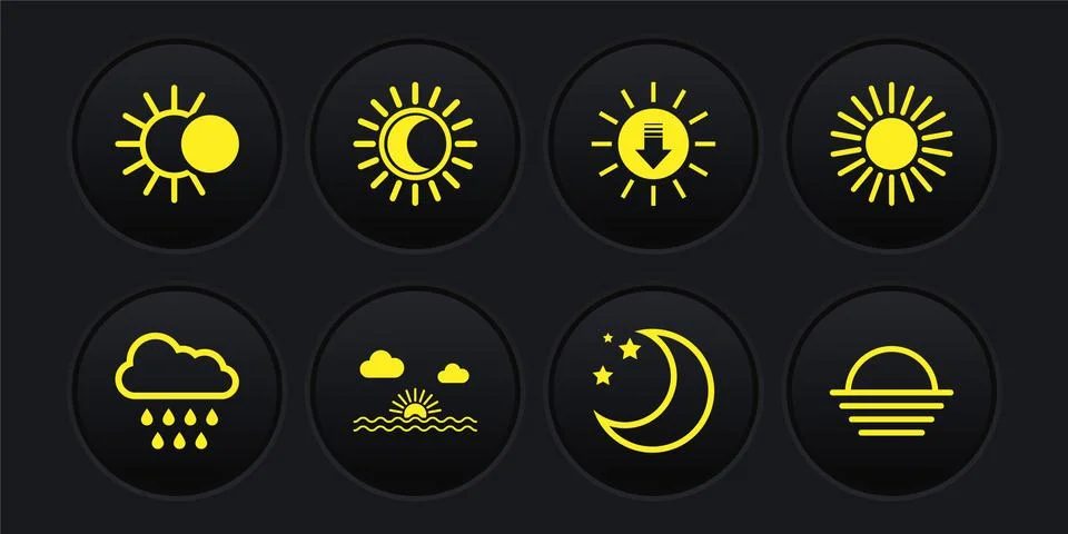 Set Cloud with rain, Sun, Sunset, Moon and stars, Eclipse of the sun, and icon Stock Illustration