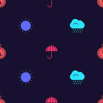 Set Cloud with rain, Sun, Umbrella and Compass on seamless pattern. Vector 스톡 일러스트