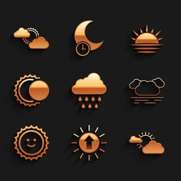 Set Cloud with rain, Sunset, and cloud weather, Eclipse of sun, and icon. Vector Stock Illustration