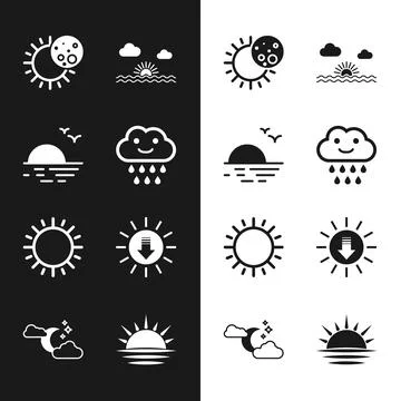 Set Cloud with rain, Sunset, Eclipse of the sun,  and moon and stars icon. .. Ilustração Stock