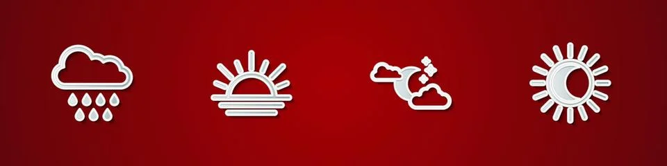 Set Cloud with rain, Sunset, moon and stars and Eclipse of the sun icon. Vect Ilustração Stock