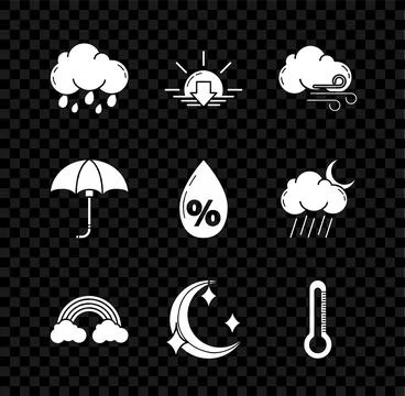 Set Cloud with rain, Sunset, Windy weather, Rainbow clouds, Moon and stars Stock Illustration