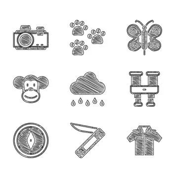 Set Cloud with rain, Swiss army knife, Shirt, Binoculars, Compass, Monkey Stock Illustration