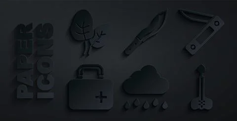 Set Cloud with rain, Swiss army knife, First aid kit, Arrow, Machete and Stock Illustration