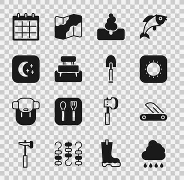 Set Cloud with rain, Swiss army knife, Sun, Tree, Bench, Moon and stars Stock Illustration