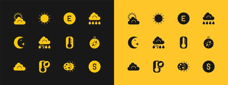 Set Cloud with rain, Thermometer, Eclipse of the sun, and lightning, Compas.. Stockillustratie