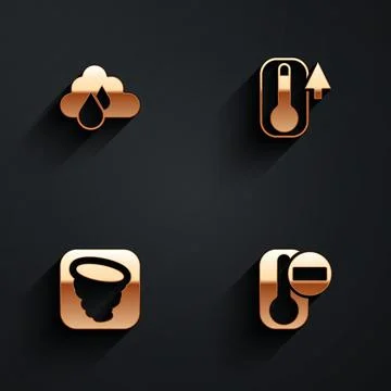 Set Cloud with rain, Thermometer, Tornado and  icon with long shadow. Vector Stock Illustration