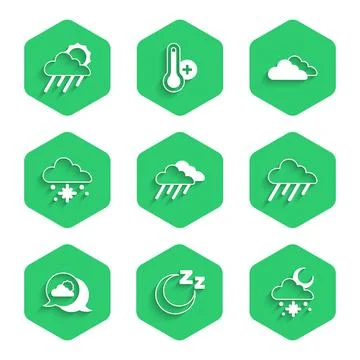 Set Cloud with rain, Time to sleep, snow and sun, Location cloud, and icon Stock Illustration