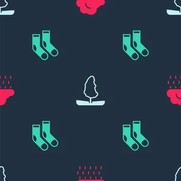 Set Cloud with rain, Tree and Socks on seamless pattern. Vector Illustrazione stock
