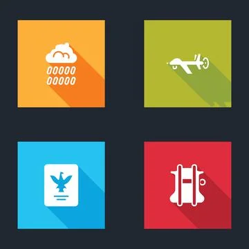 Set Cloud with rain, UAV Drone, Passport and Parachute icon. Vector 스톡 일러스트