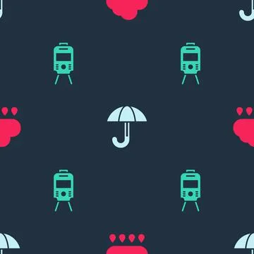 Set Cloud with rain, Umbrella and Tram and railway on seamless pattern. Vector 스톡 일러스트