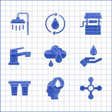 Set Cloud with rain, Water drop, tap, Washing hands soap, filter, Well bucket Stock-Illustration