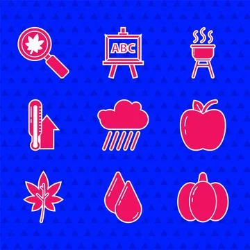 Set Cloud with rain, Water drop, Pumpkin, Apple, Leaf or leaves, Meteorolog.. Stock Illustration