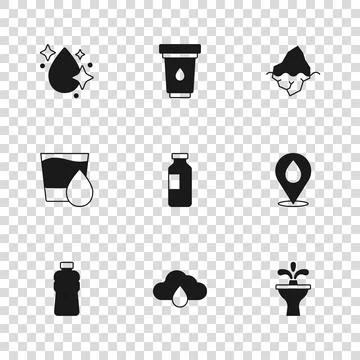 Set Cloud with rain, Water drop location, Fountain, Bottle of water, Iceber.. Stock Illustration