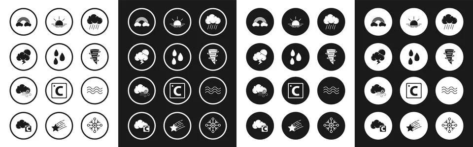 Set Cloud with rain, Water drop, Storm, Rainbow clouds, Tornado, Sunrise, W.. Stock Illustration