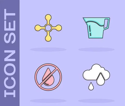Set Cloud with rain, Water tap, drop forbidden and Jug glass water icon. Vector Illustrazione stock