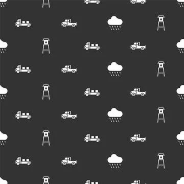 Set Cloud with rain, Water tower, Pickup truck and on seamless pattern. Vector Stock Illustration