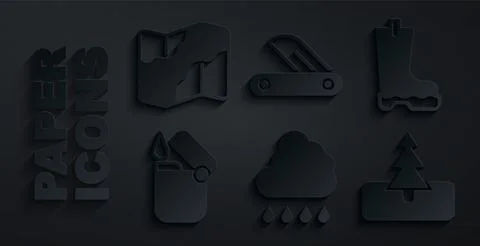 Set Cloud with rain, Waterproof rubber boot, Lighter, Tree, Swiss army knife and Stock Illustration