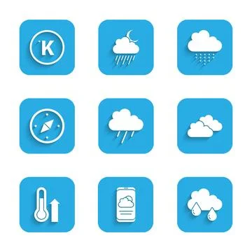 Set Cloud with rain, Weather forecast, Meteorology thermometer, Compass, and 스톡 일러스트