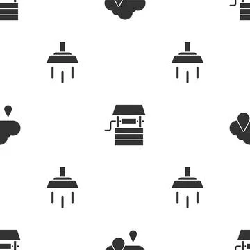 Set Cloud with rain, Well bucket and Shower on seamless pattern. Vector Illustrazione stock