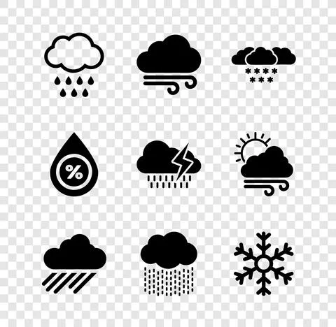 Set Cloud with rain, Windy weather, snow, and Snowflake icon. Vector Stock Illustration