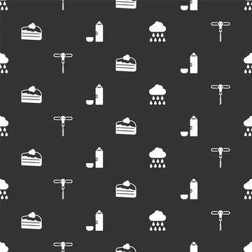 Set Cloud with rain, Wine corkscrew, Piece of cake and Thermos container on Stock Illustration