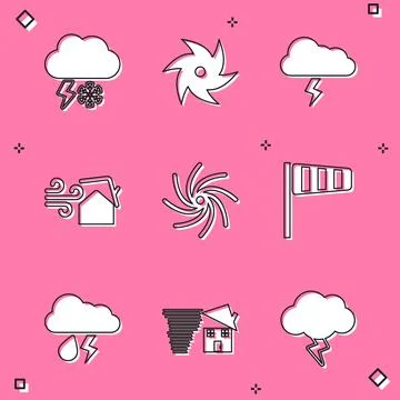 Set Cloud with snow and lightning, Tornado, Storm, swirl, Cone windsock wind Stock Illustration