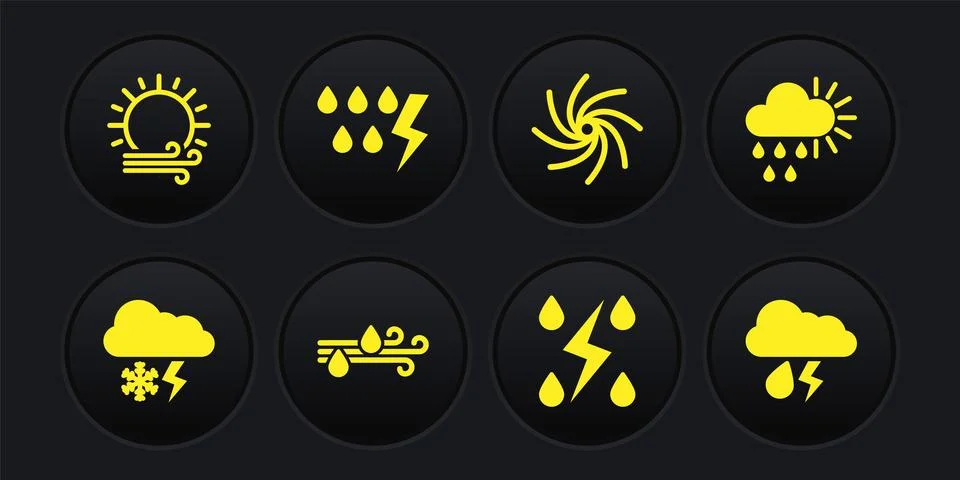 Set Cloud with snow and lightning, Cloudy rain sun, Wind, Storm, Tornado, and Stock Illustration
